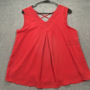 Monteau Red Sleeveless V-Neck Top Blouse Crisscross Back Detail Womens Size M